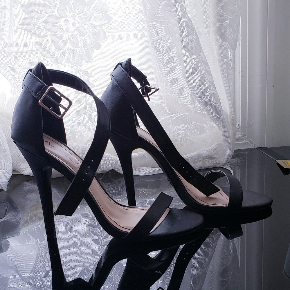 Black open toe strap heels